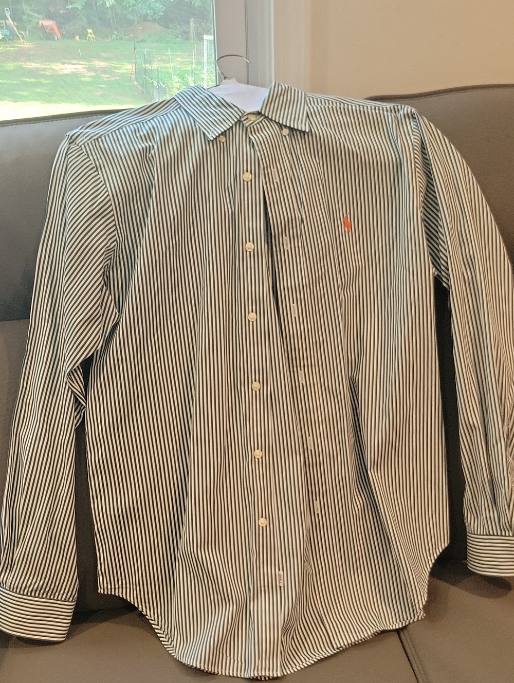 Men's Black & White Pinstripe Button-Down Shirt - Orange Logo